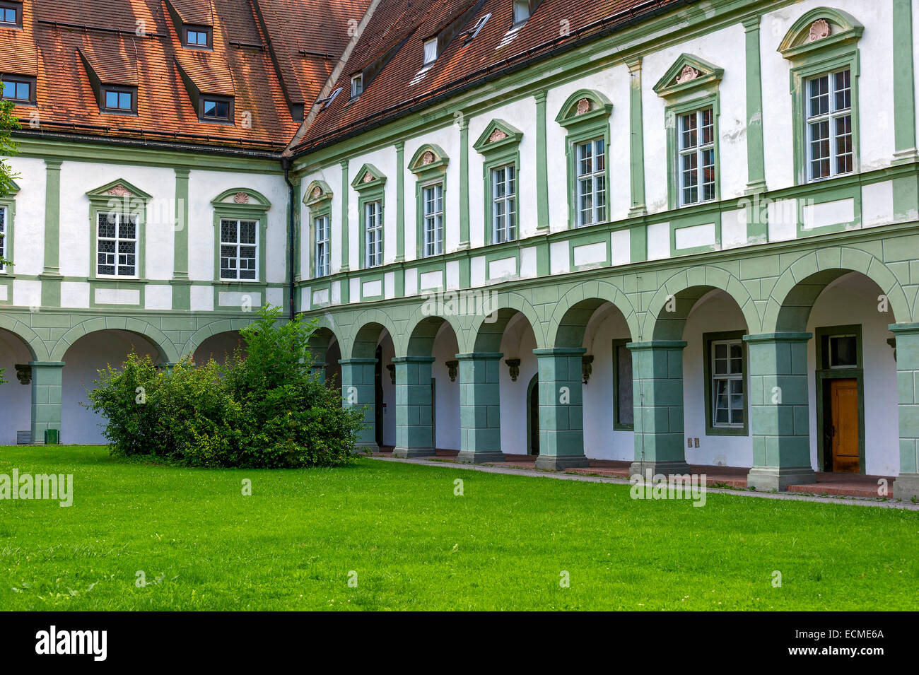 Arcade, catholic monastery college, cloister, Benedictine monastery Benediktbeuern, Benediktbeuern, Upper Bavaria, Bavaria Stock Photo