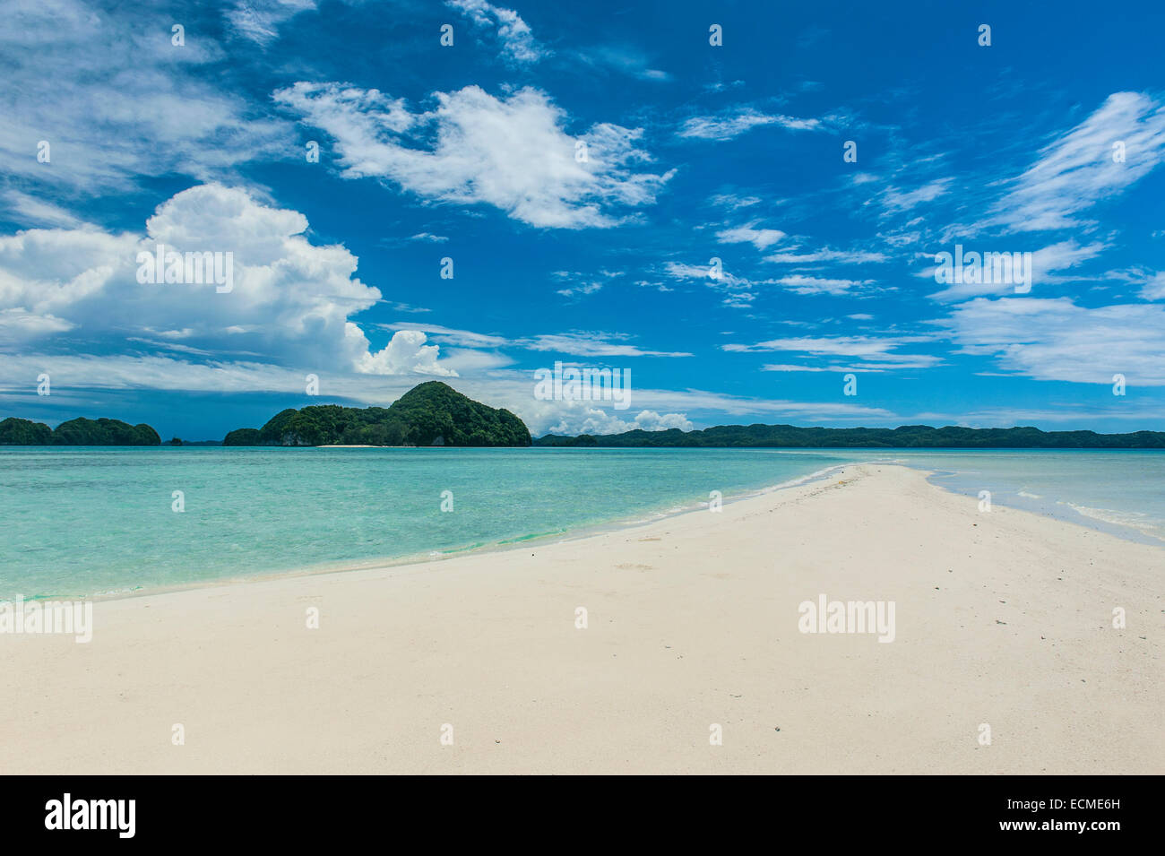 Sand strip at low tide, Rock Islands, Palau Stock Photo