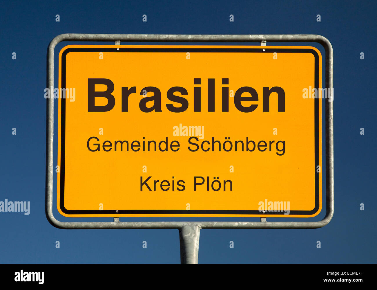 City limits sign, Brasilien or Brazil, Schönberg, Plön district, Schleswig-Holstein, Germany Stock Photo