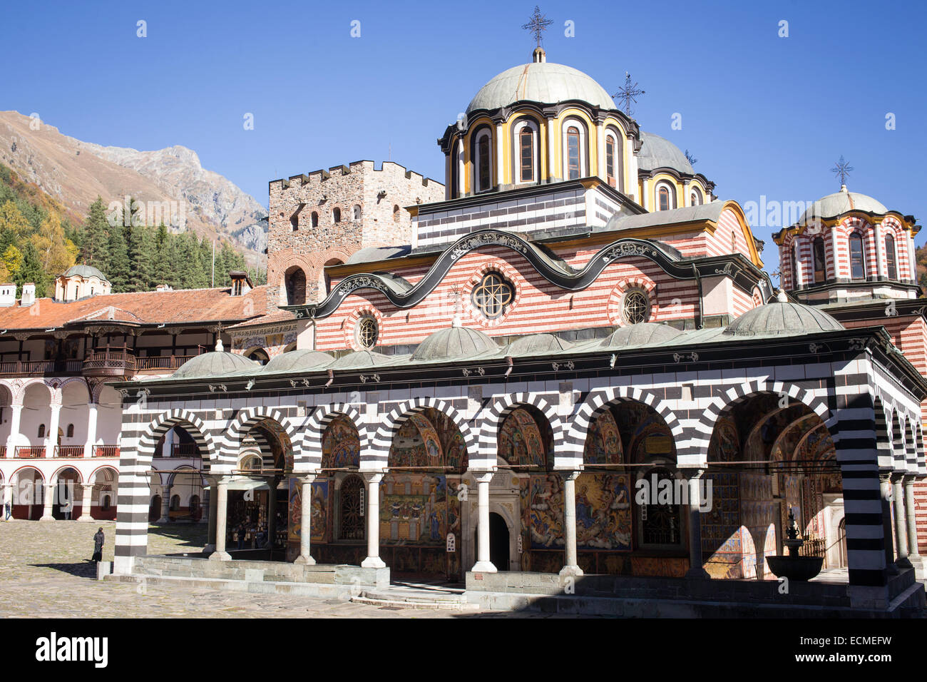 Courtyard with abbey church, Rila Monastery, UNESCO World Heritage Site, Rila Mountains, Rila, Bulgaria Stock Photo