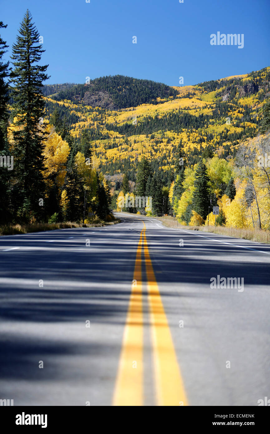 Stretch of the US 160 road at Wolf Creek Pass during the Indian Summer, Colorado, United States Stock Photo