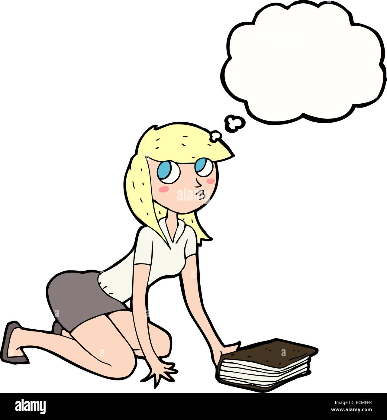 cartoon girl picking up book with thought bubble Stock Vector Image