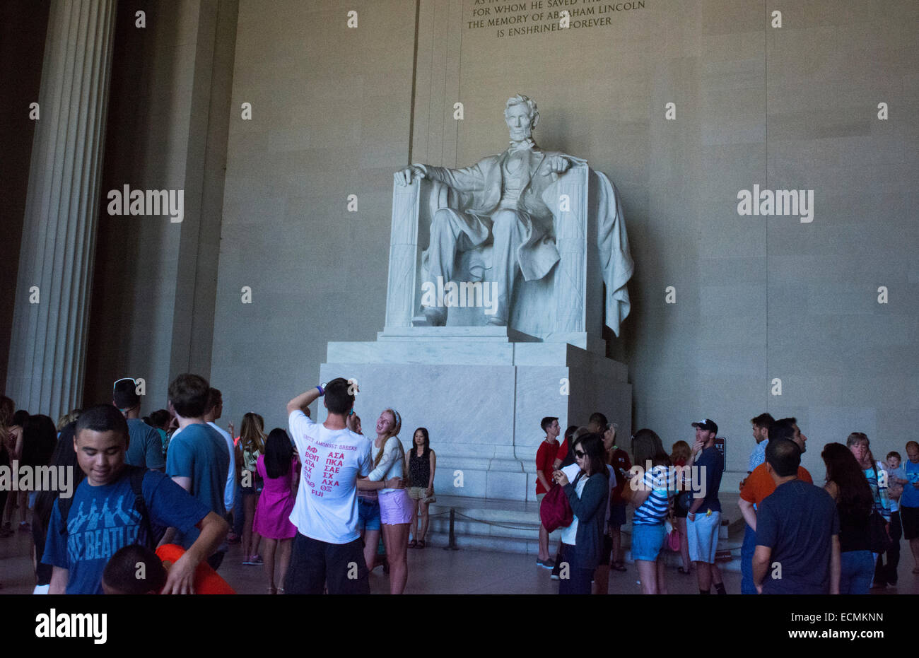 Washington DC famous Lincoln Memorial statue with tourists Stock Photo