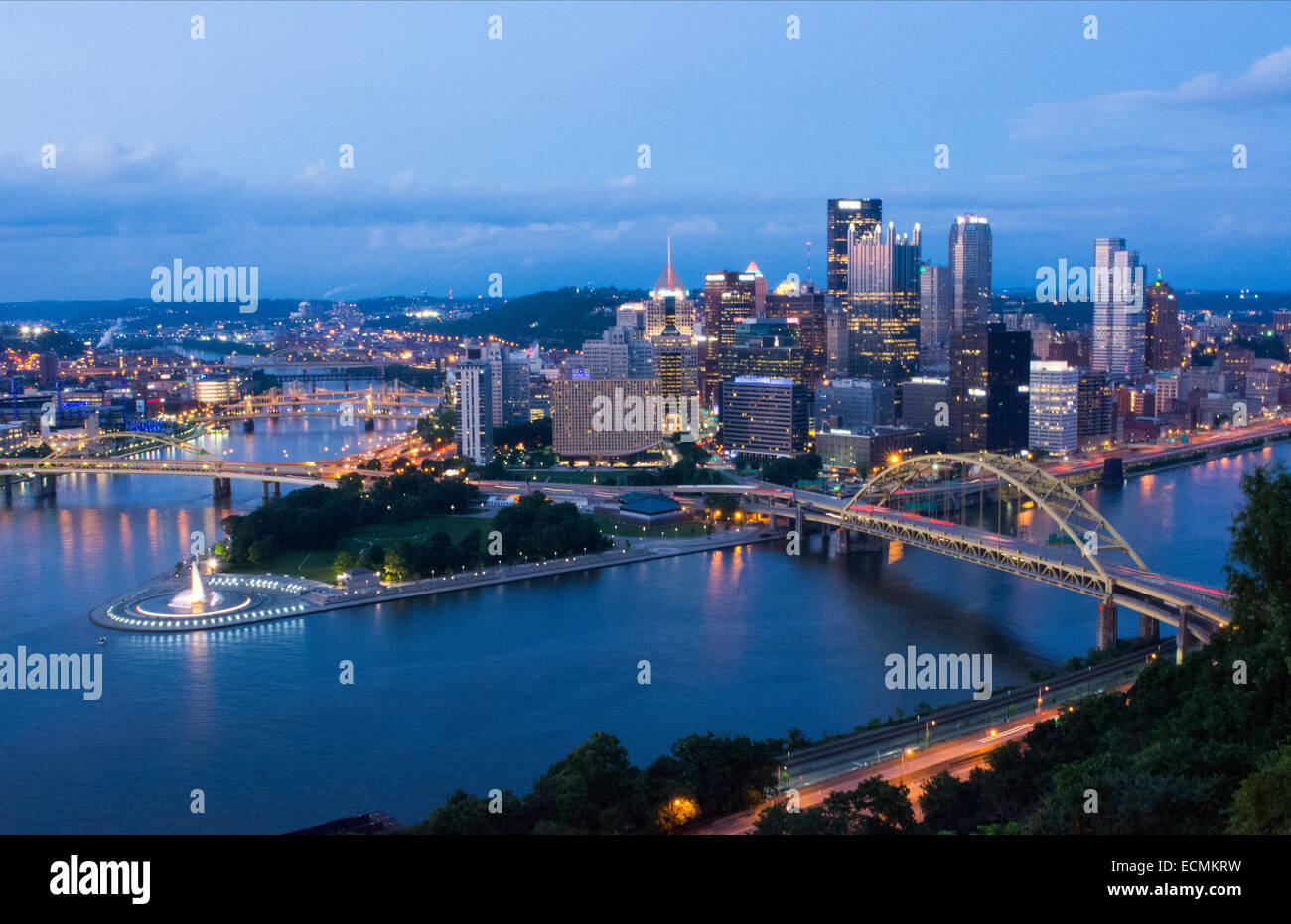 Pittsburgh Pennsylvania skyline from Mt Washington of downtown city and rivers at Golden Triangle at night exposure of Three Riv Stock Photo