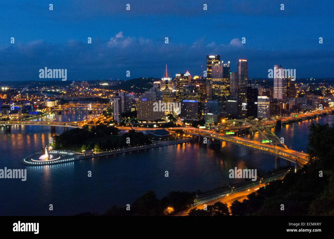 Pittsburgh Pennsylvania skyline from Mt Washington of downtown city and rivers at Golden Triangle at night exposure of Three Riv Stock Photo
