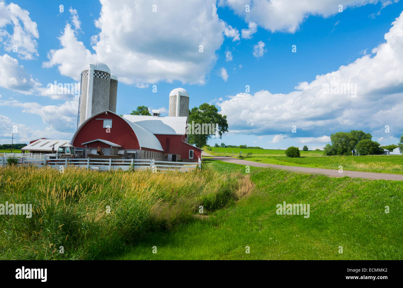 Eau Claire Wisconsin farm and red barn in picturesque scene of farming outside the country green