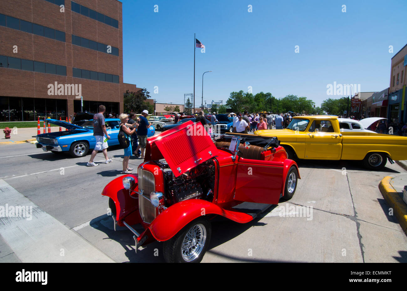 Rapid City South Dakota street Cruiser Car Show in downtown with old classic autos in center of