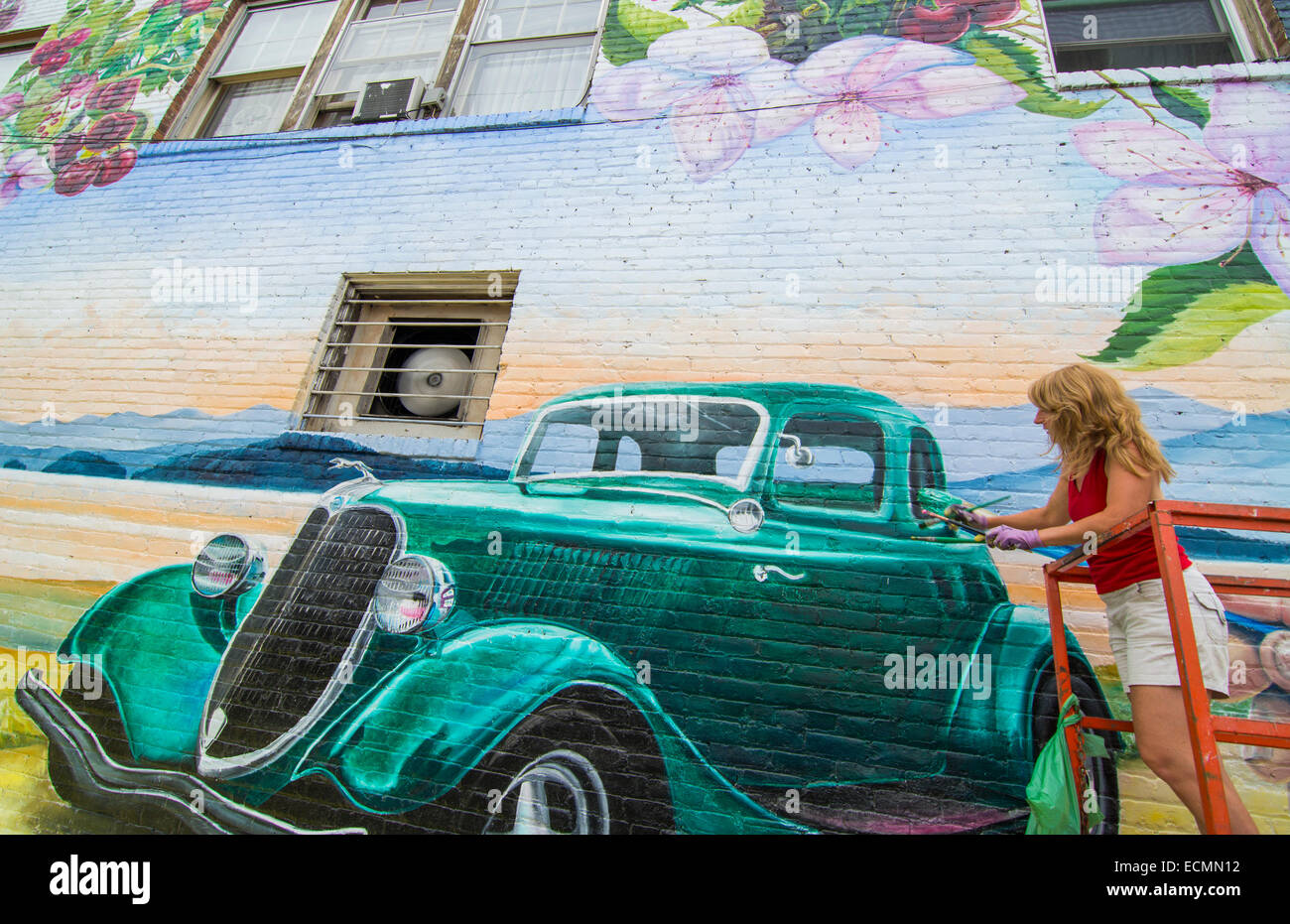 Polson Montana artist painting large mural for Flathead Cherry Council