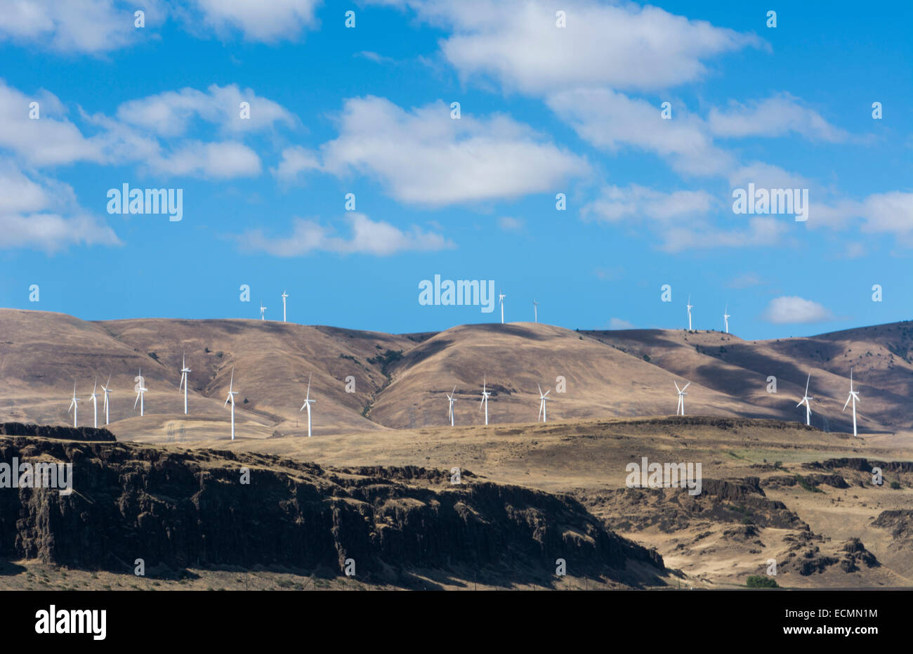 Oregon Wind Power Turbines near The Dalles on highway and mountains for