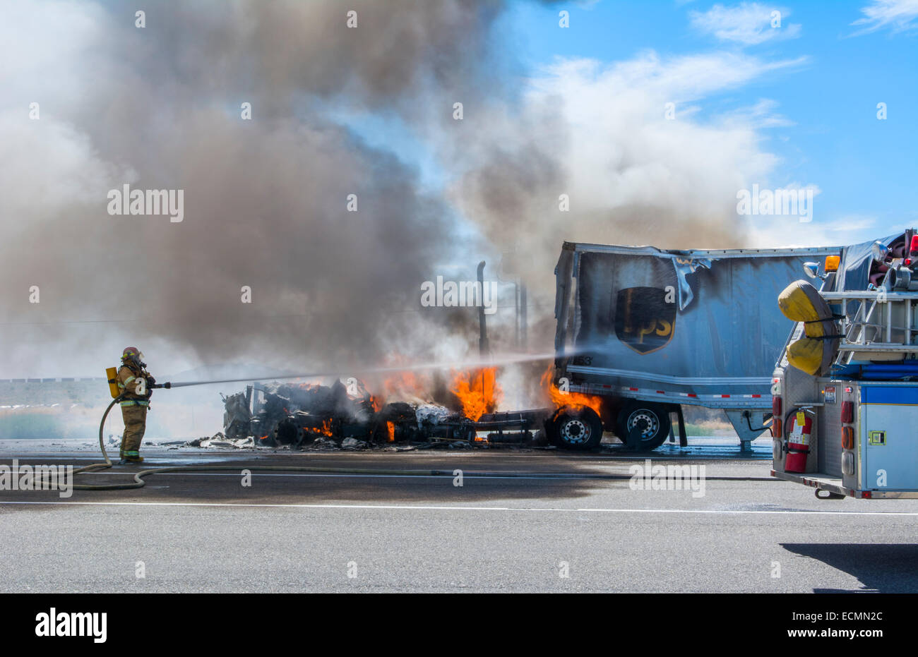 Emergency fire of truck on road in Idaho near Twin Falls Idaho with