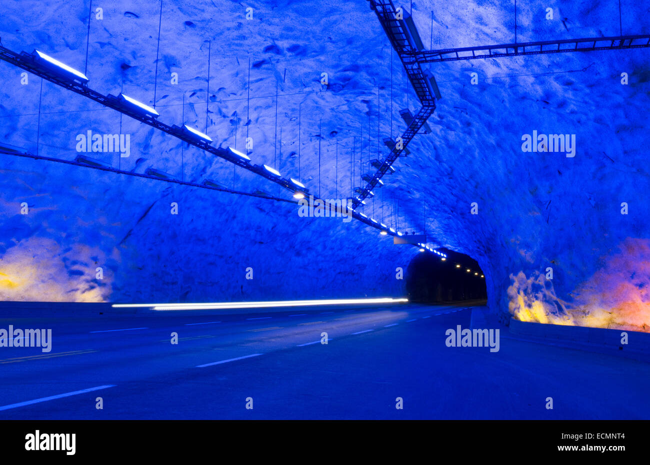 Laerdal Norway tunnel longest tunnel in world at 24.5 km or 15 miles long with blue paint and