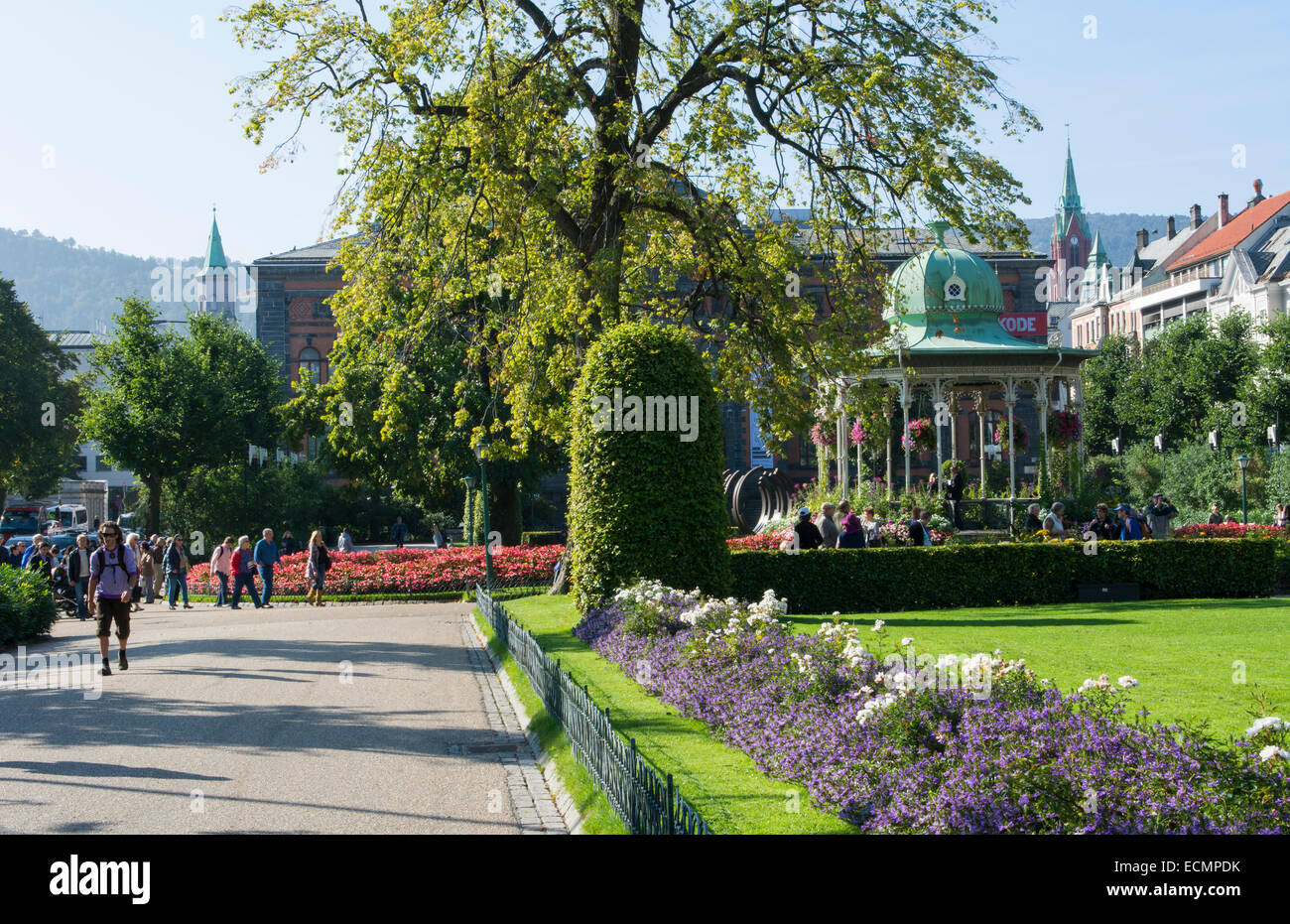 Bergen Norway music Pavillion colorful gazebo with flowers in downtown Stock Photo