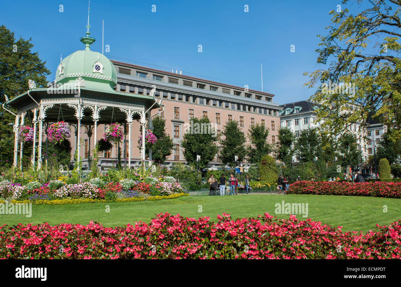 Bergen Norway music Pavillion colorful gazebo with flowers in downtown Stock Photo