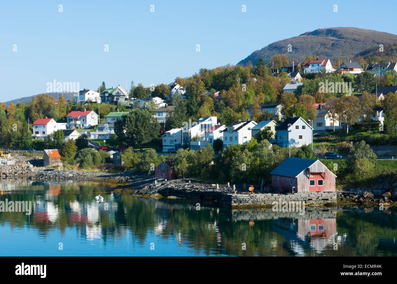 Finnsnes Norway cruise Hurtigruten town from water with colorful homes and harbors Stock Photo