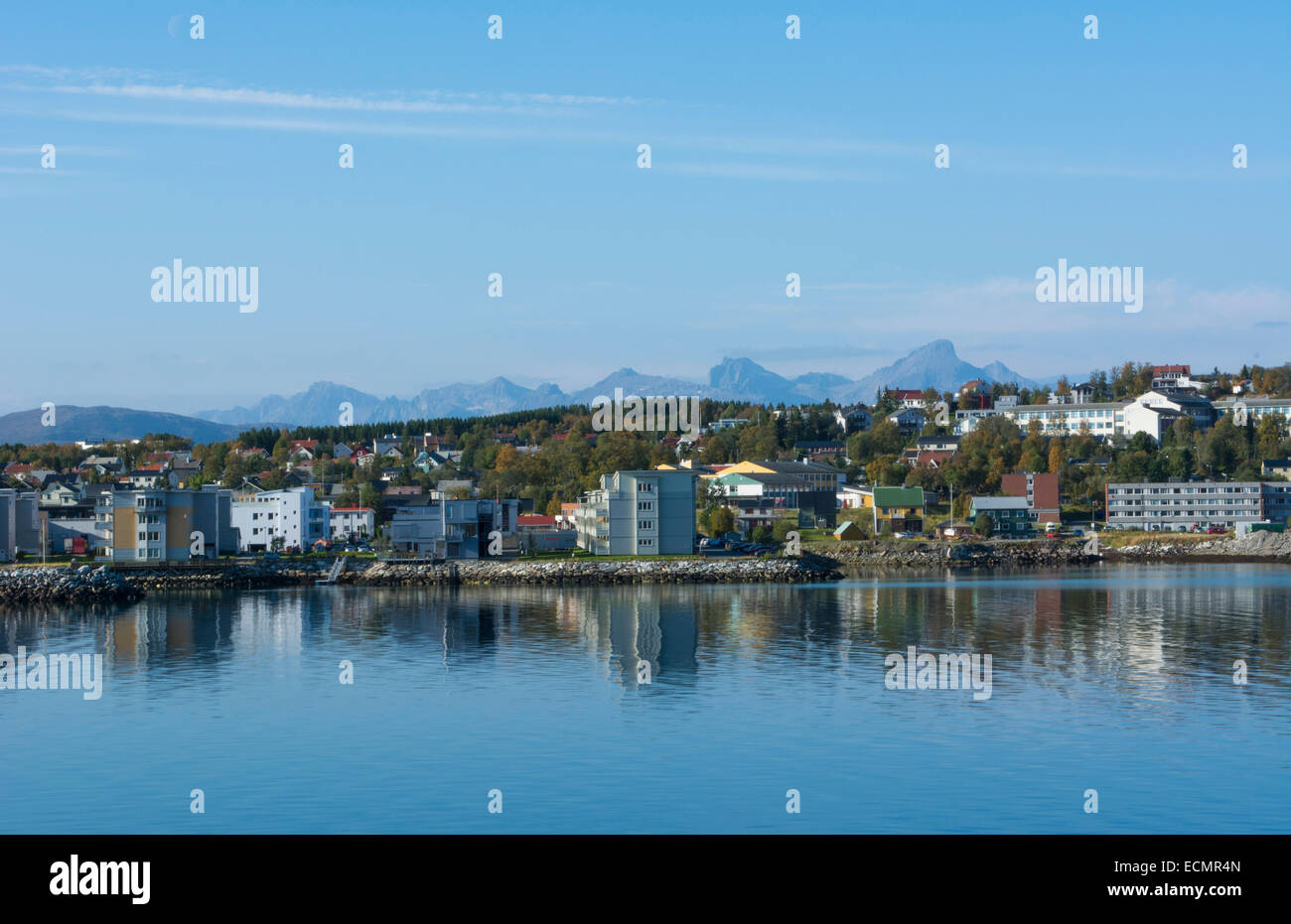 Finnsnes Norway cruise Hurtigruten town from water with colorful homes and harbors Stock Photo