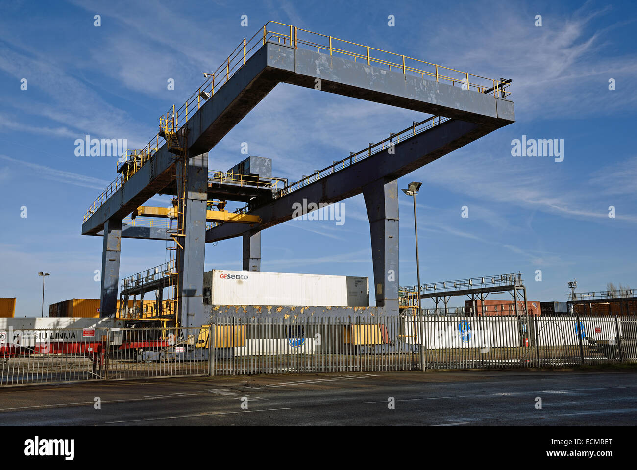 Straddle carrier operating at Peel Ports Medway, Sheerness Docks, Sheppey, Kent, UK Stock Photo