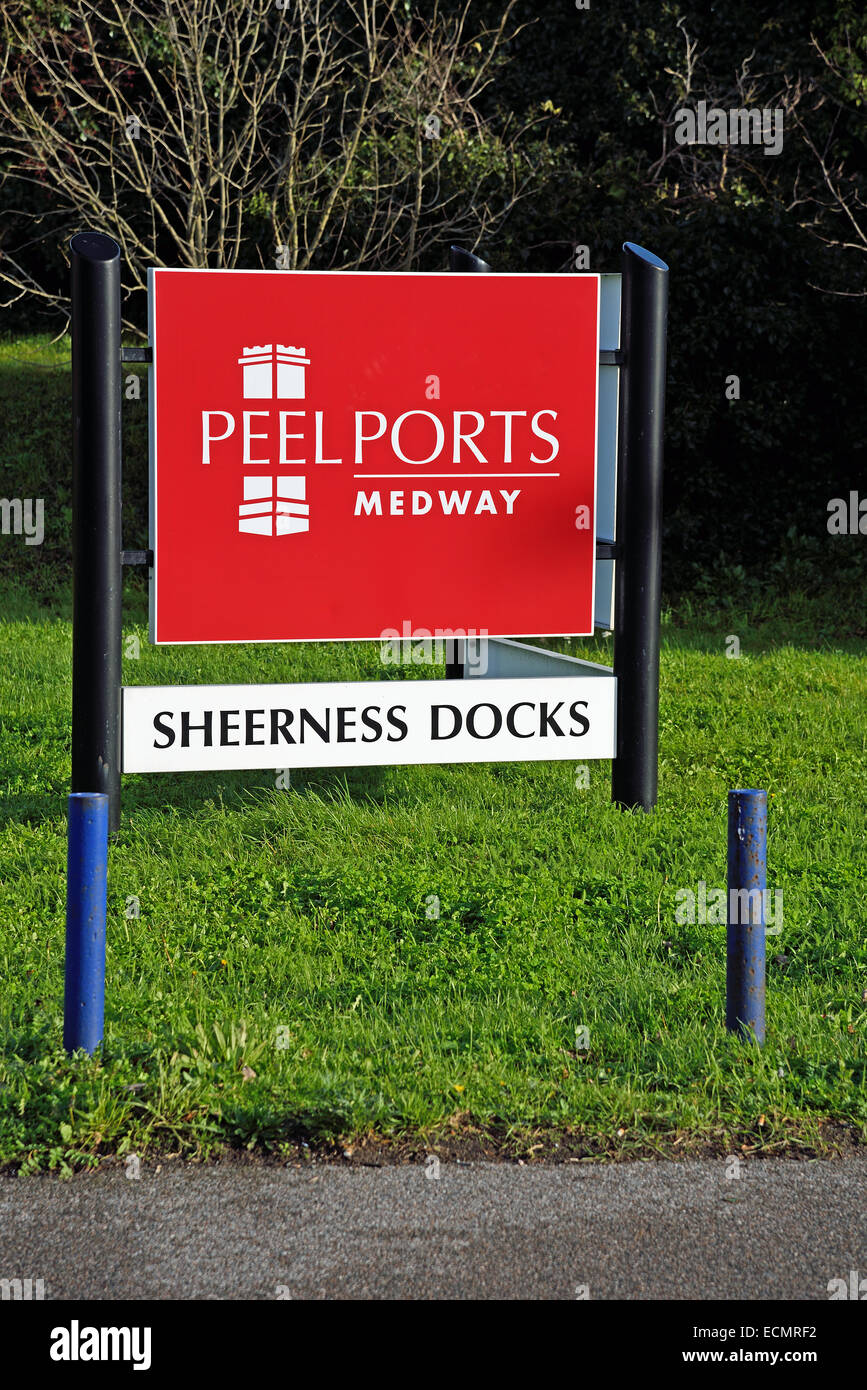 Sign at the entrance of Peel Ports Medway, Sheerness Docks, Sheppey, Kent Stock Photo