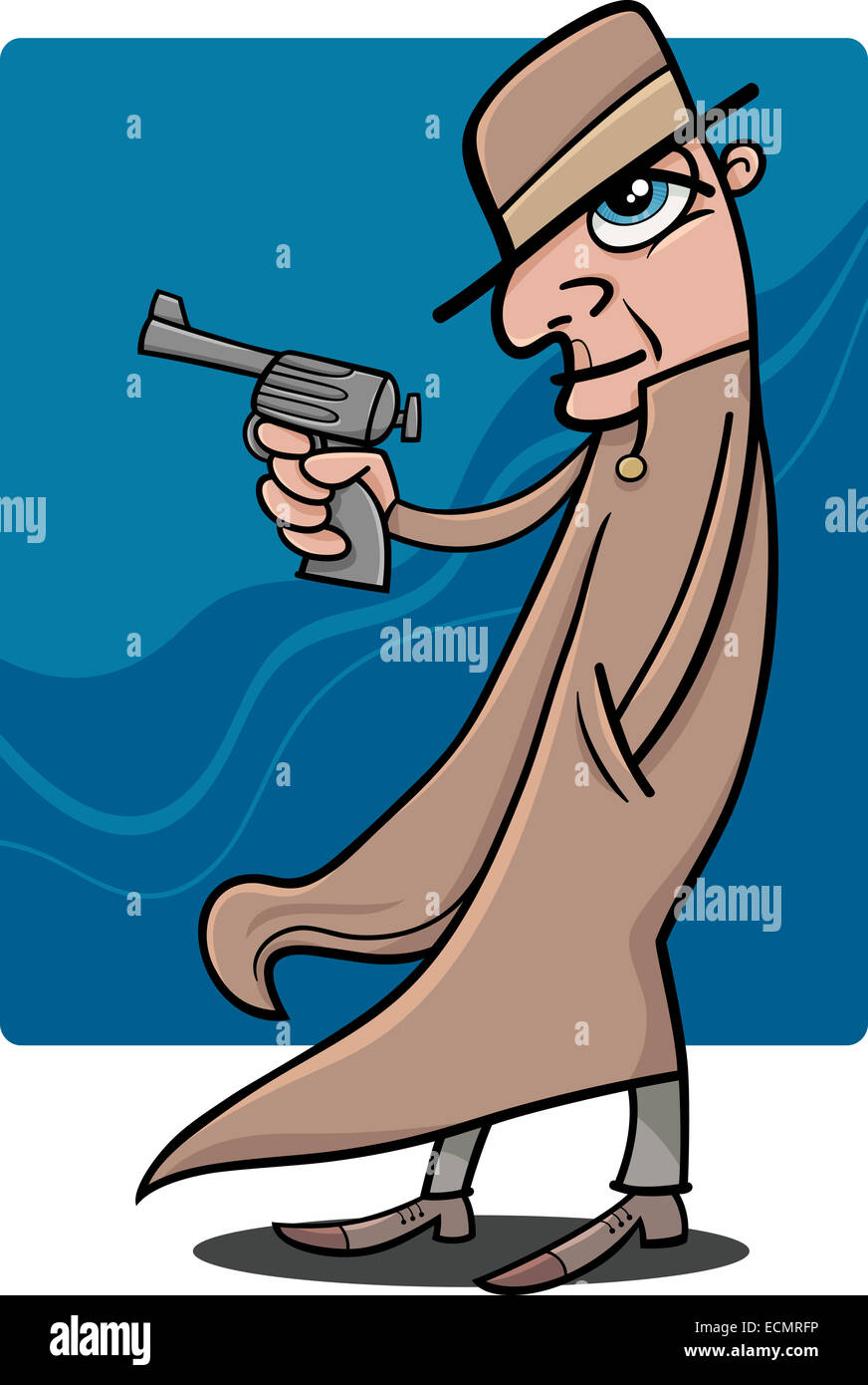 Cartoon Illustration of Detective or Gangster with Gun Stock Photo