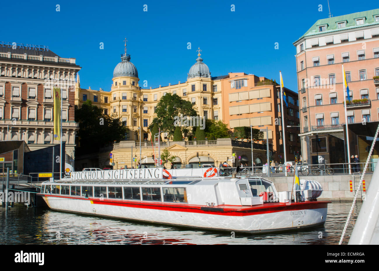 Stockholm Sweden beautiful city downtown center skyline from water with boats and buildings from cruise boat Stock Photo
