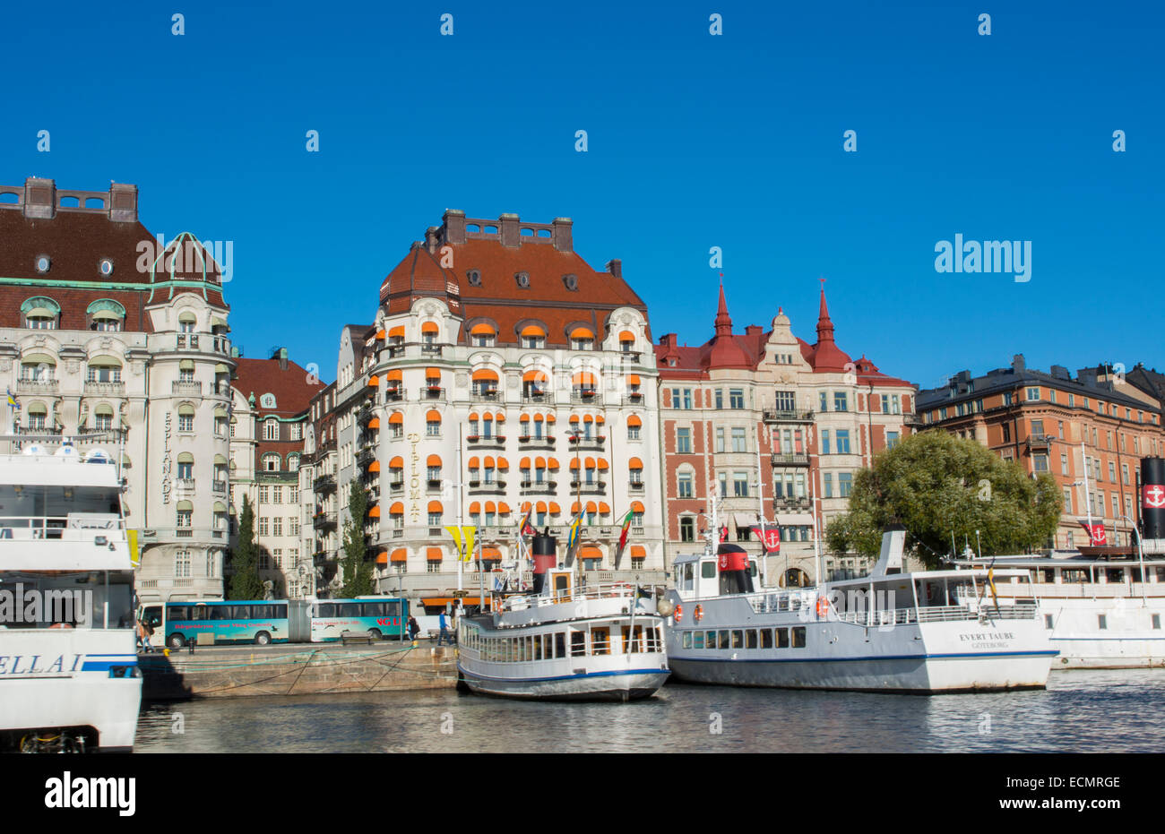 Stockholm Sweden beautiful city downtown center skyline from water with boats and buildings from cruise boat Stock Photo