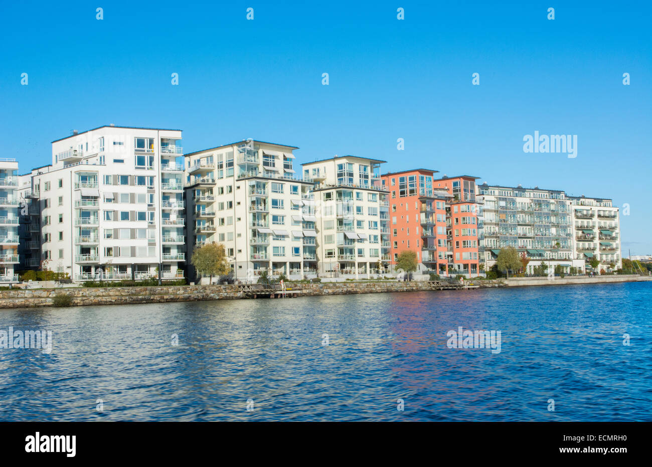 Stockholm Sweden modern apartments on water in suburbs from cruise ship