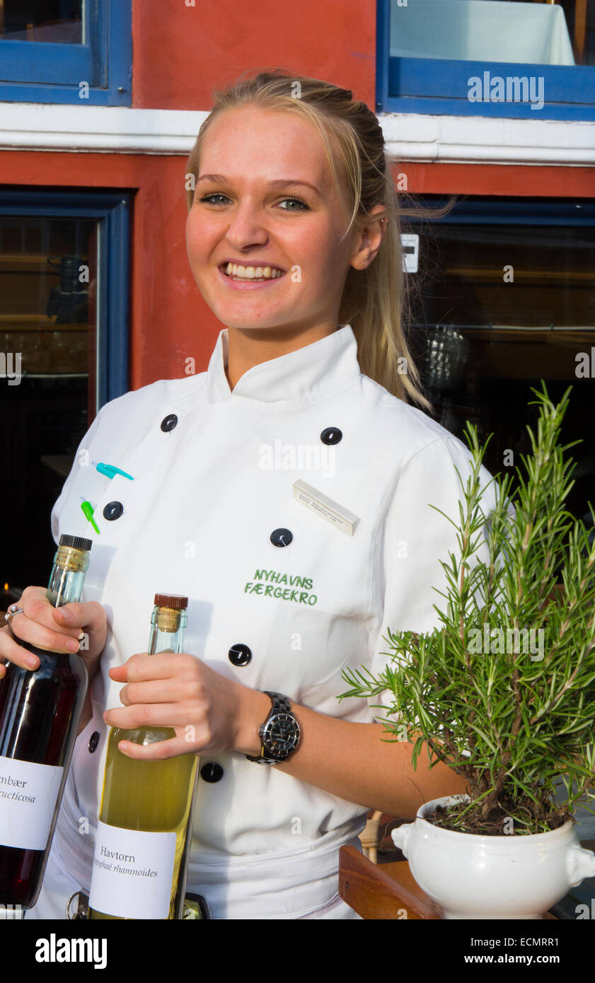 Copenhagen Denmark famous Nyhavn restaurant waitress portrait woman