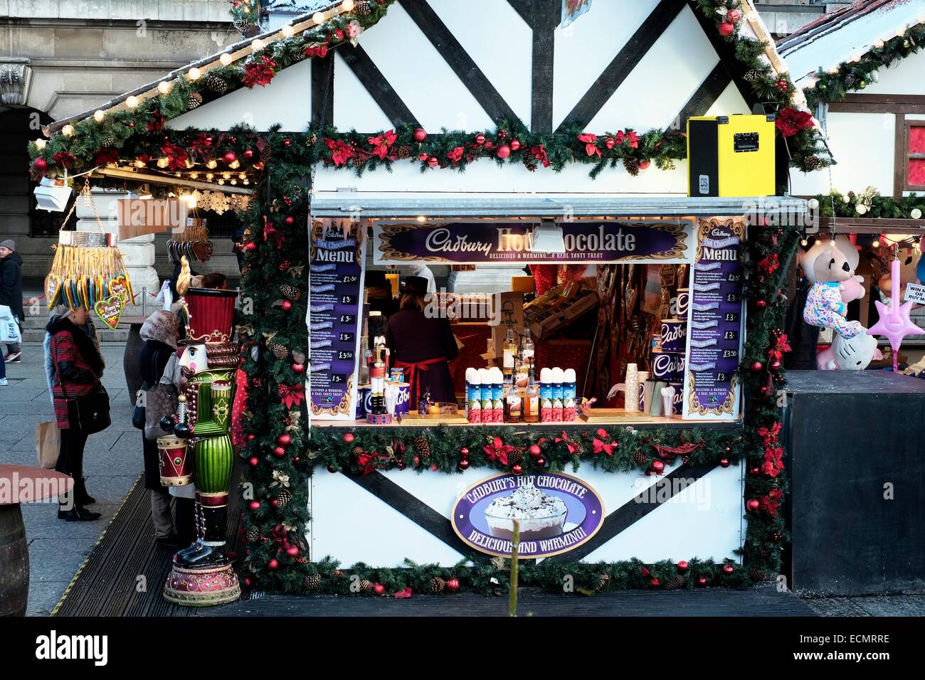 Nottingham Christmas market 2014. Cadbury hot chocolate drinks market stall Stock Photo