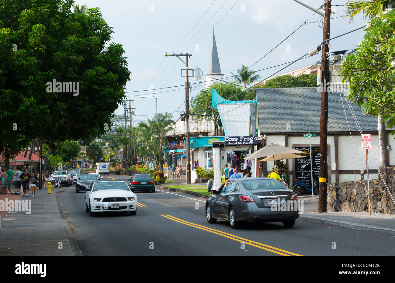 Kona Hawaii KailuaKona Main Street traffic on Alii Drive shops