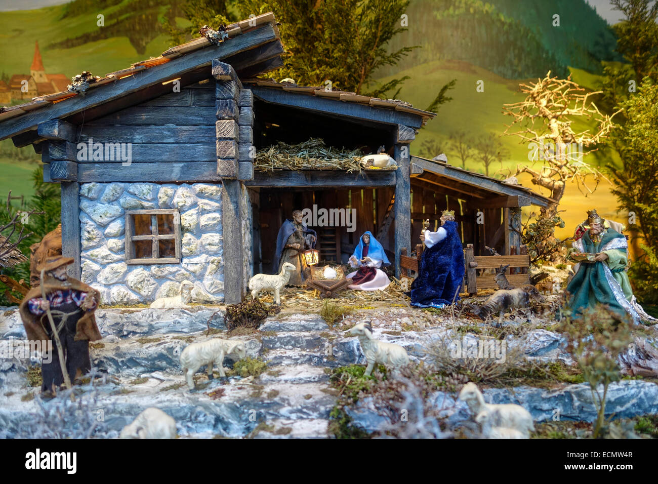 Traditional nativity scene at the Christmas market in Handwerkerhof