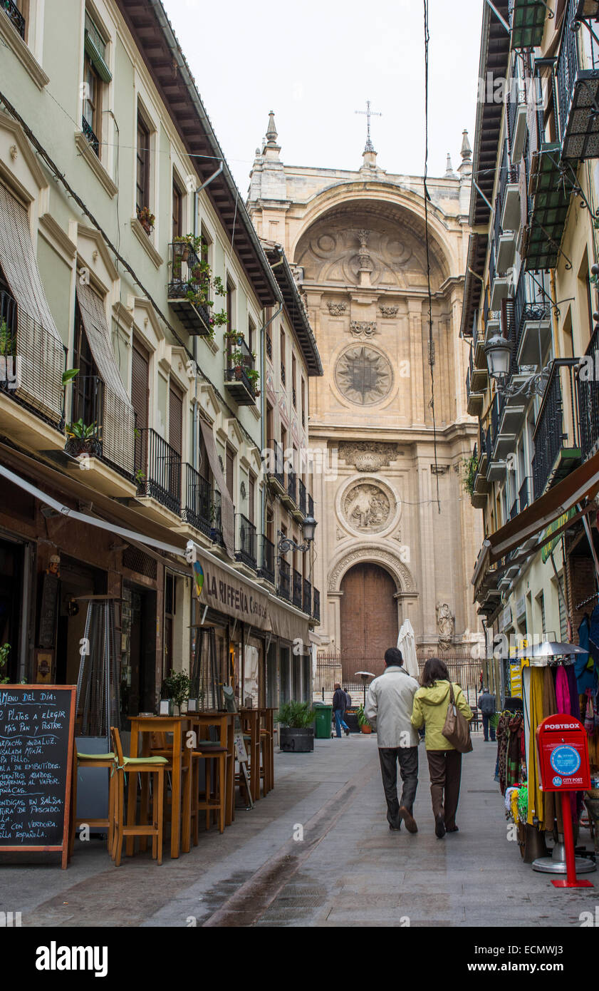 Granada Spain narrow streets of old city shopping and architecture