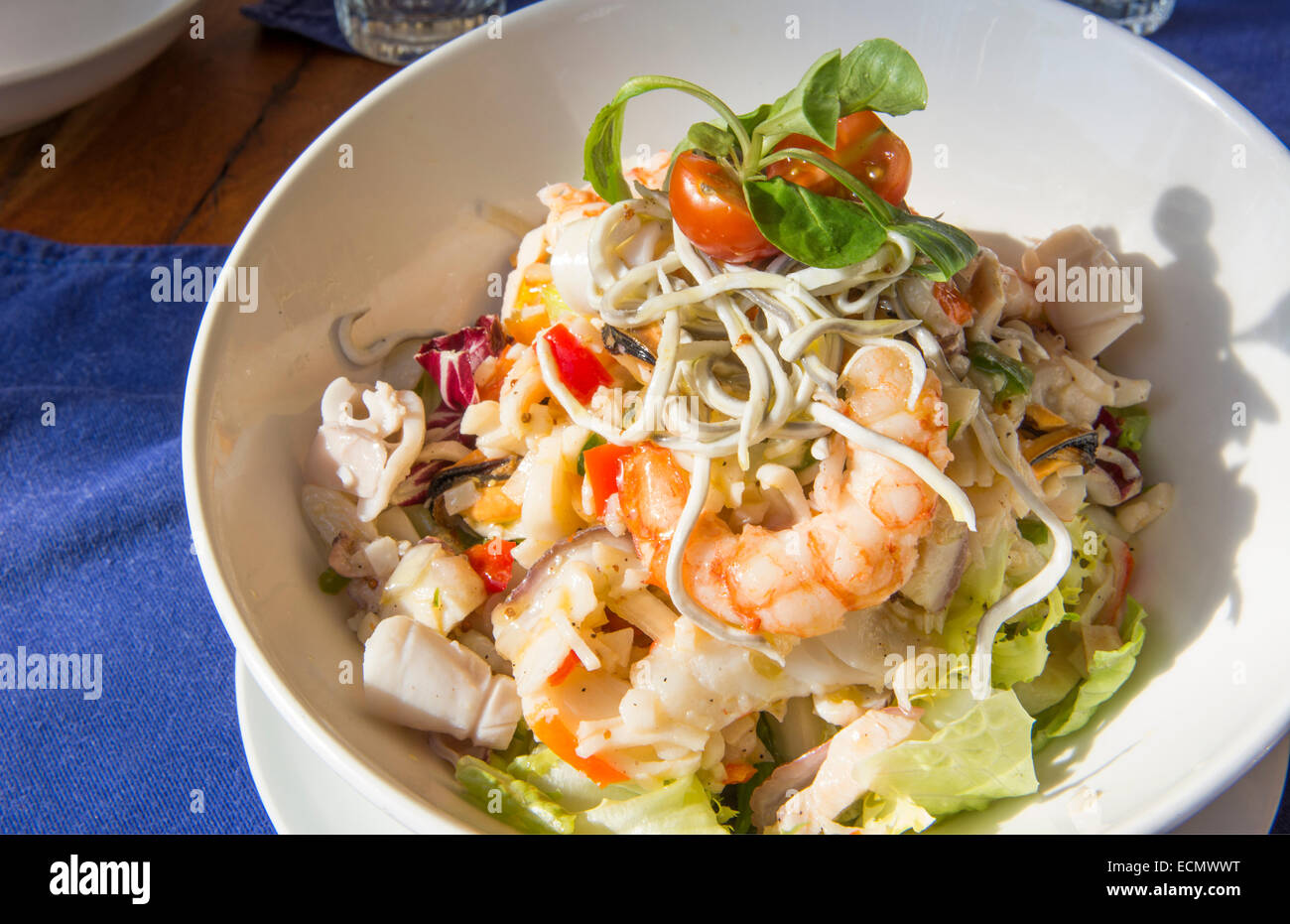 Barcelona Spain food plate of shrimp and caesar salad at Moncho's