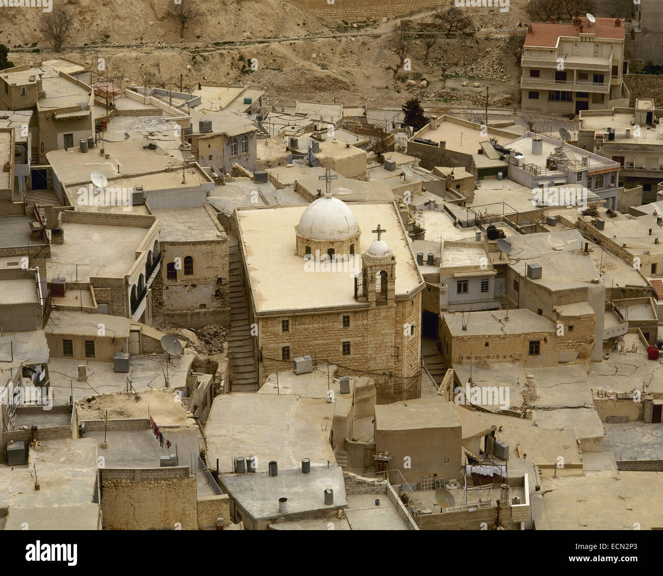 Syria. Ma´loula. Town built into the rugged mountainside. Village where Western Aramaic is still spoken. Near East. Photo before Syrian Civil War. Stock Photo