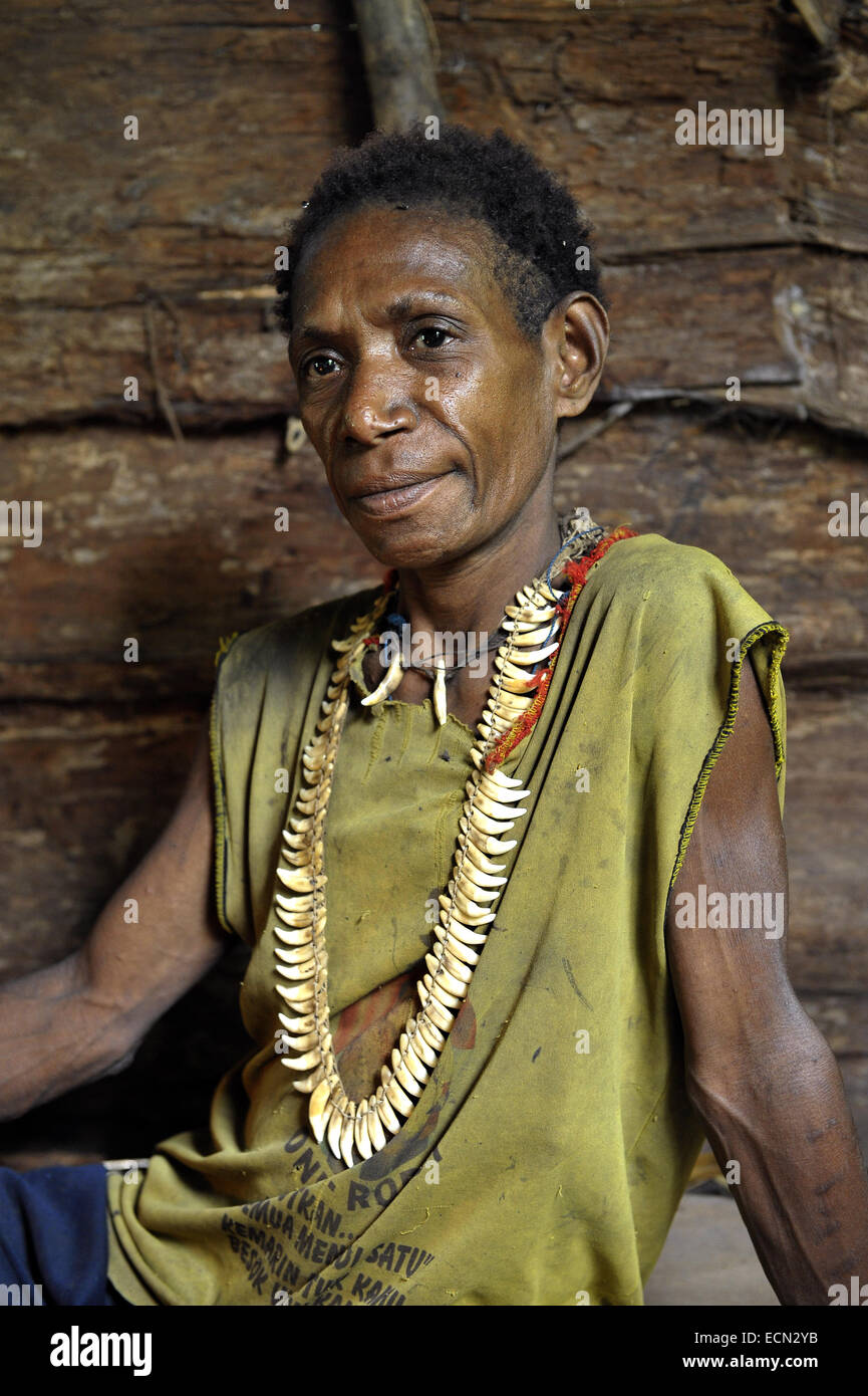 The Portrait Korowai woman in the wood house. Korowai Kombai ( Kolufo). Stock Photo