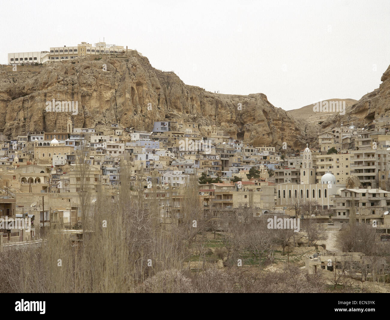 Syria. Ma´loula. Town built into the rugged mountainside. Village where Western Aramaic is still spoken. Near East. Photo before Syrian Civil War. Stock Photo