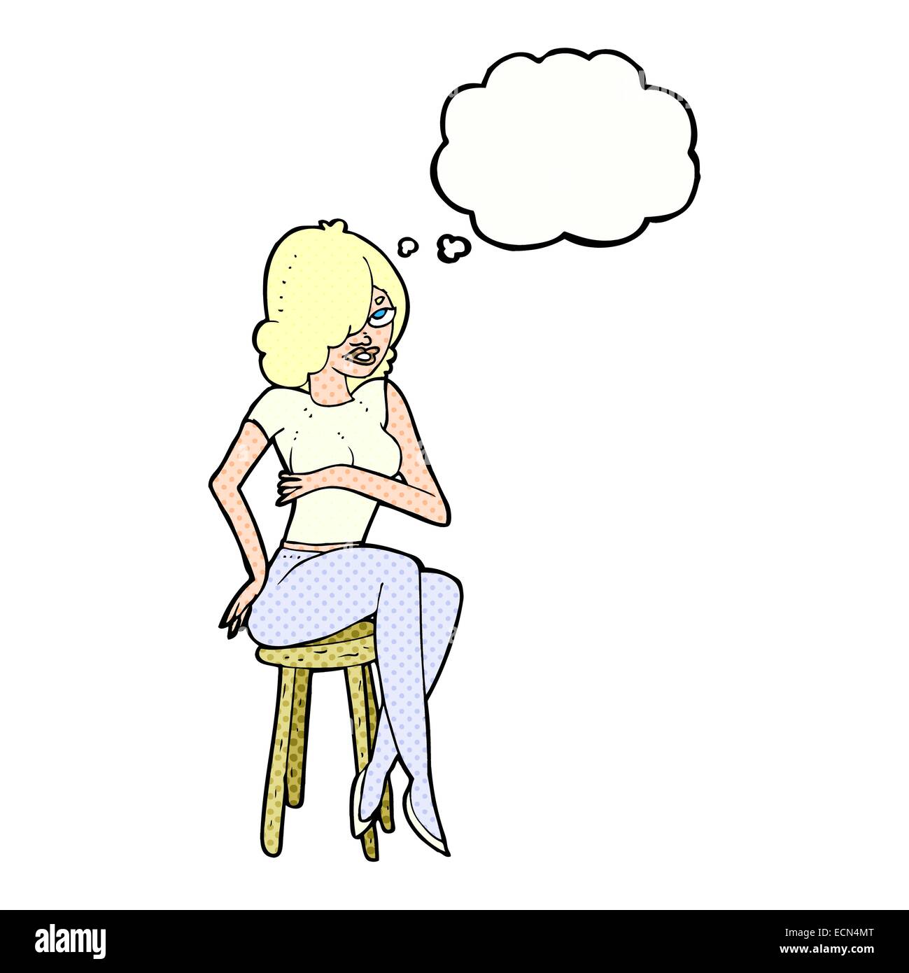 cartoon woman sitting on bar stool with thought bubble Stock Vector