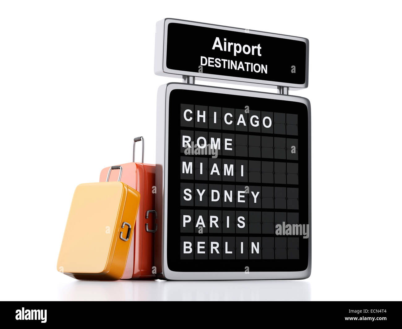 image of 3d illustration render. airport board and travel suitcases on white background Stock Photo