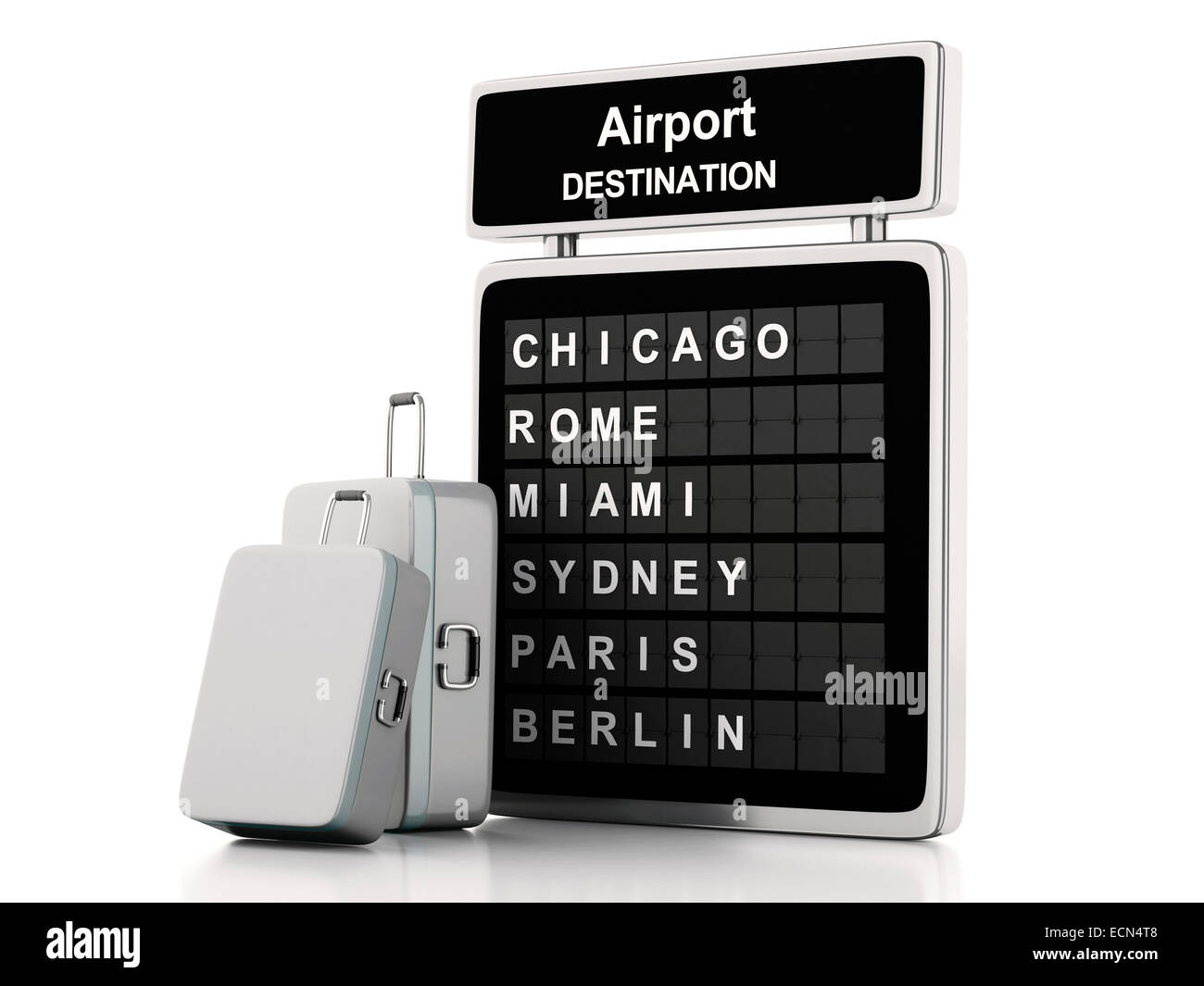image of 3d illustration render. airport board and travel suitcases on white background Stock Photo