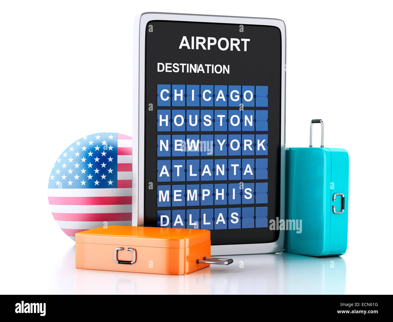 image of 3d illustration render. airport board, united states departures information and travel suitcases on white background Stock Photo
