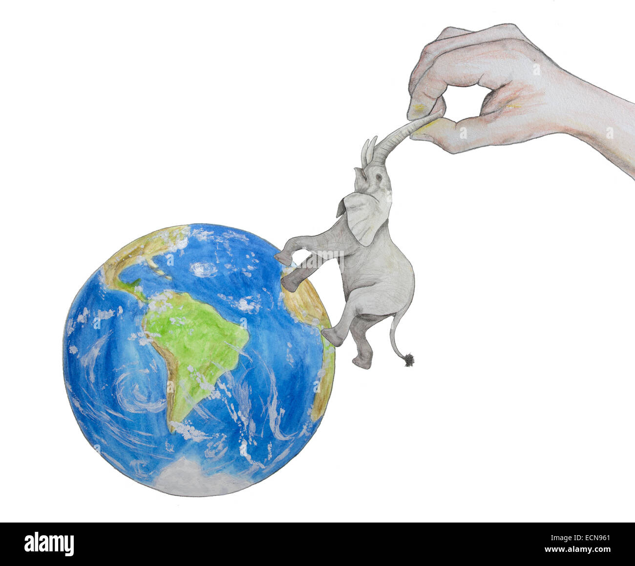 Human hand moves away elephant from planet earth Stock Photo