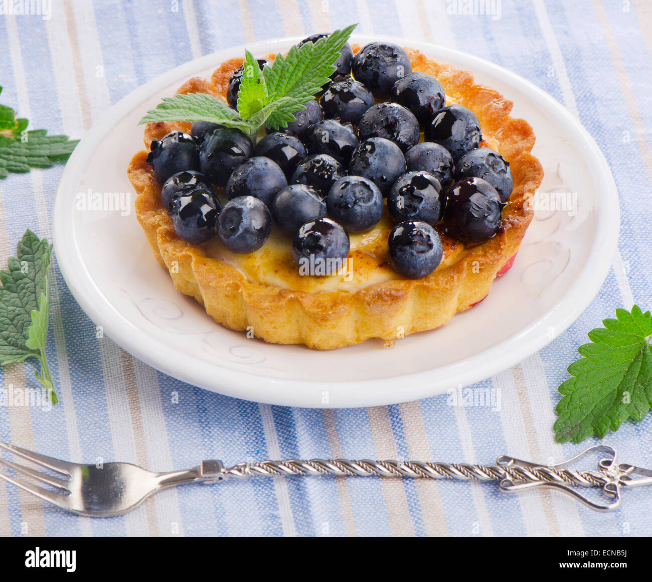 Blueberry tart on a white plate. Selective focus Stock Photo