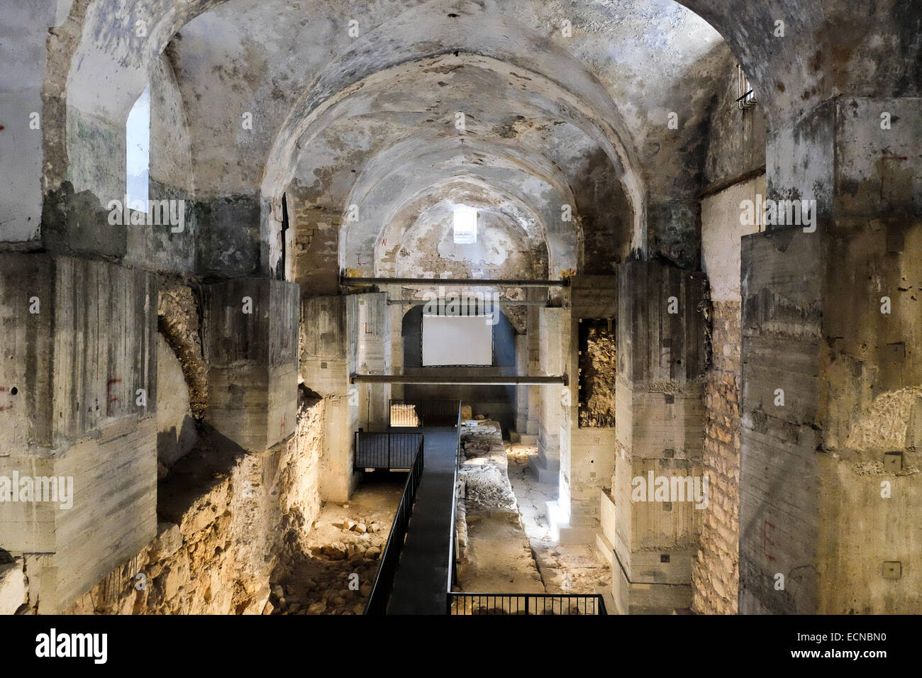 Archaeological excavations in the 'Kishle' building, south of the Tower of David, have revealed layer after layer of significant historical findings. The top layer was built in the 1830s by Ibrahim Pasha, the Egyptian ruler at the time, and was used as a military compound under Ottoman rule and the British Mandate. The 'Kishle' and the citadel moat at the Tower of David Museum of Jerusalem History have just recently been opened to the public allowing exploration of new archaeological findings shedding light on layers of the city's history dating back to the First Temple era in the 8th century  Stock Photo