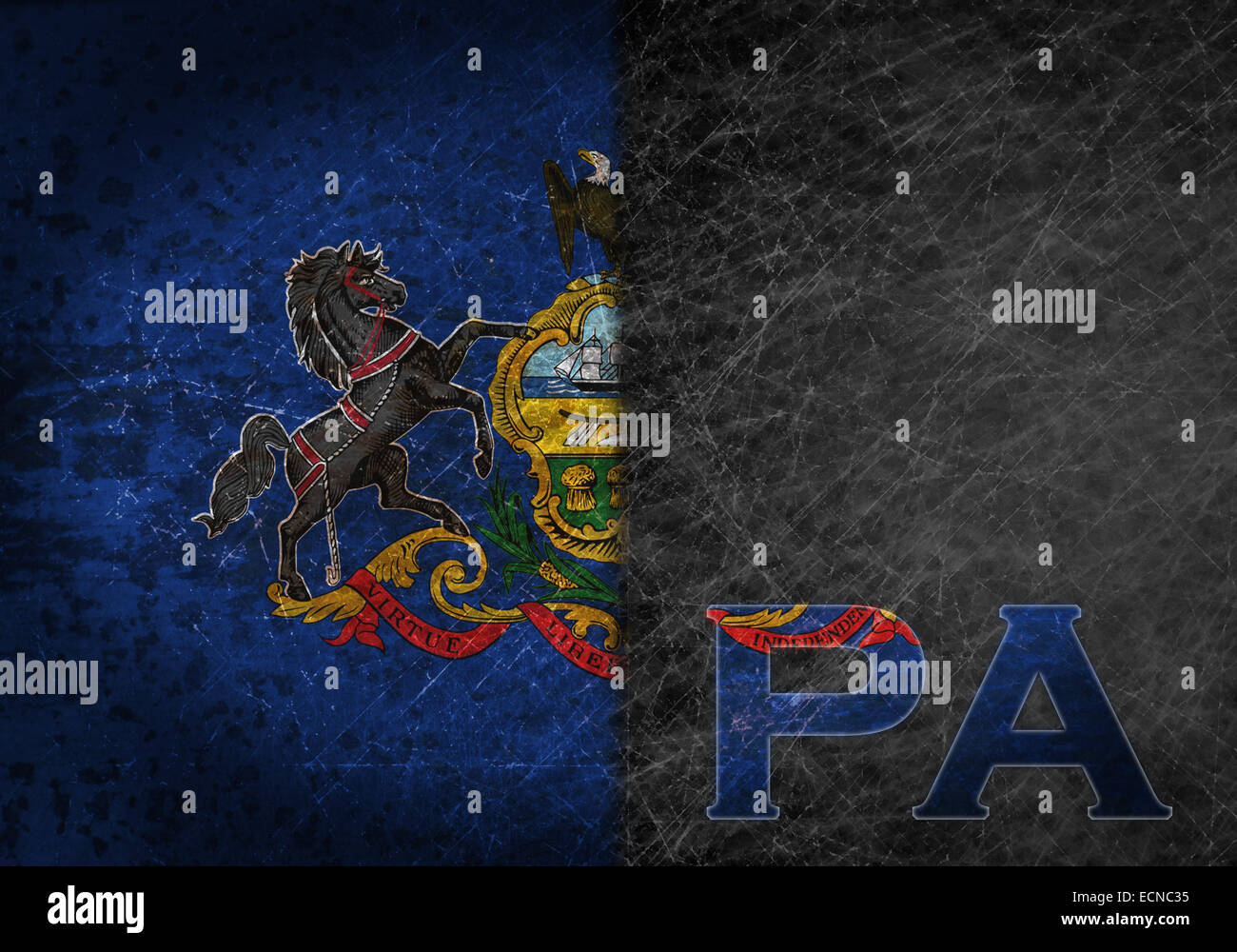 Old rusty metal sign with a flag and US state abbreviation