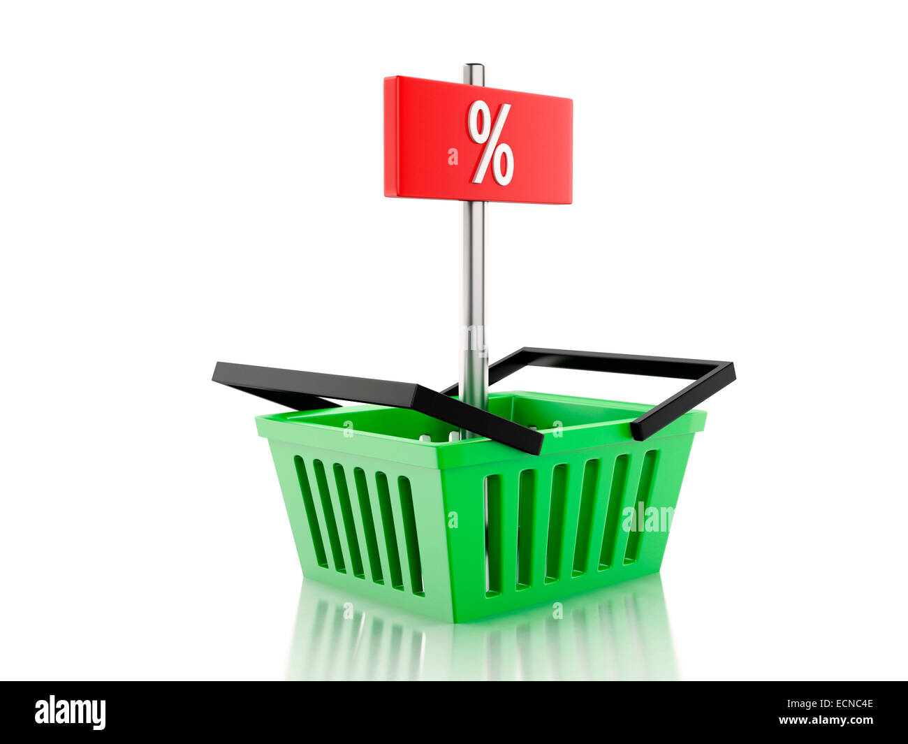 3d renderer illustration. Shopping basket and percent sign. discount