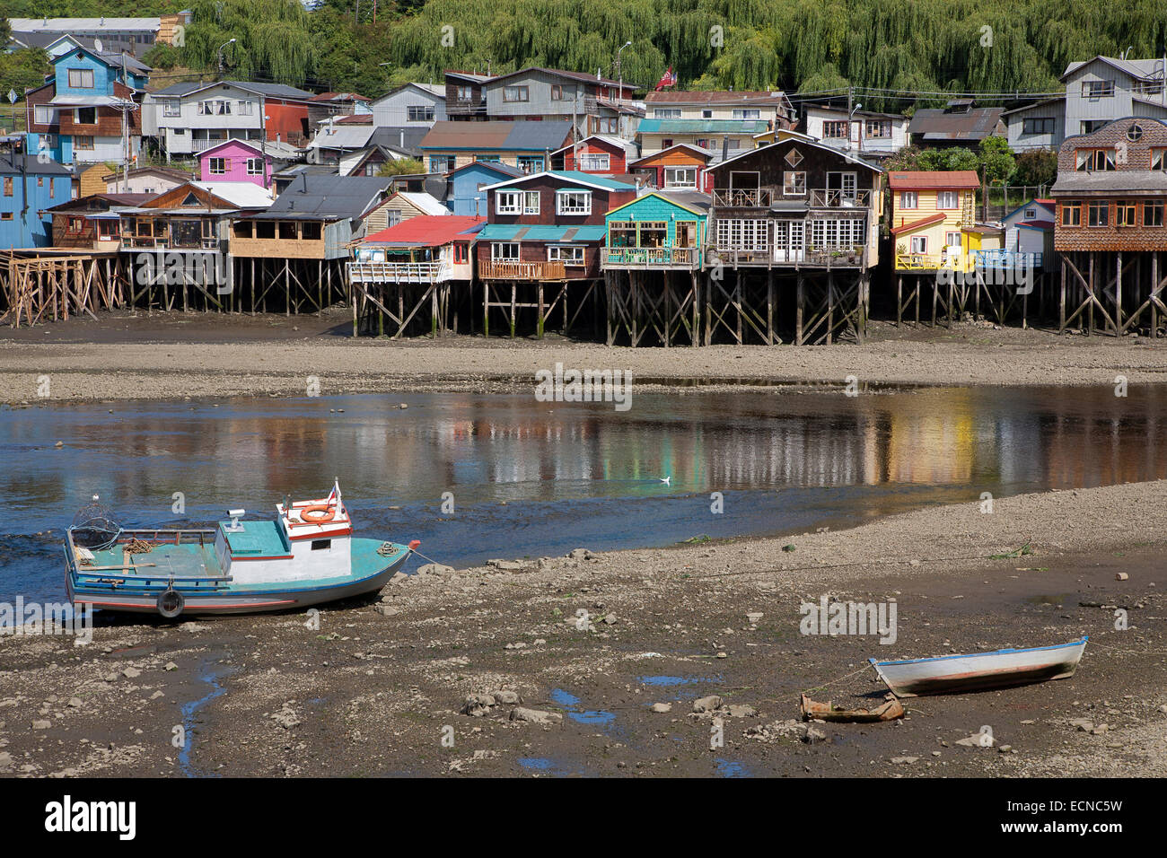 Traditional palafito houses (stilt house) overlooking the sea. Gamboa District. Castro. Chiloe Island. Chile Stock Photo
