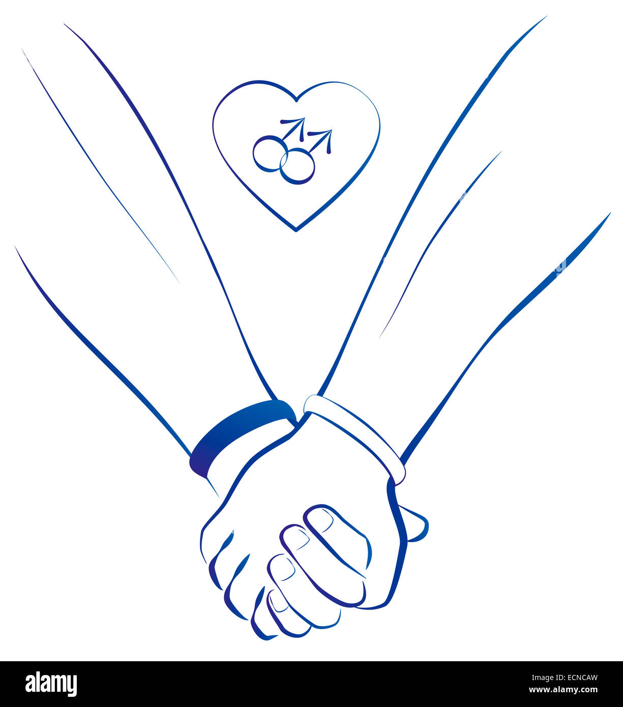 Blue outline illustration of two gays holding hands, plus a heart with two male symbols in it. Stock Photo