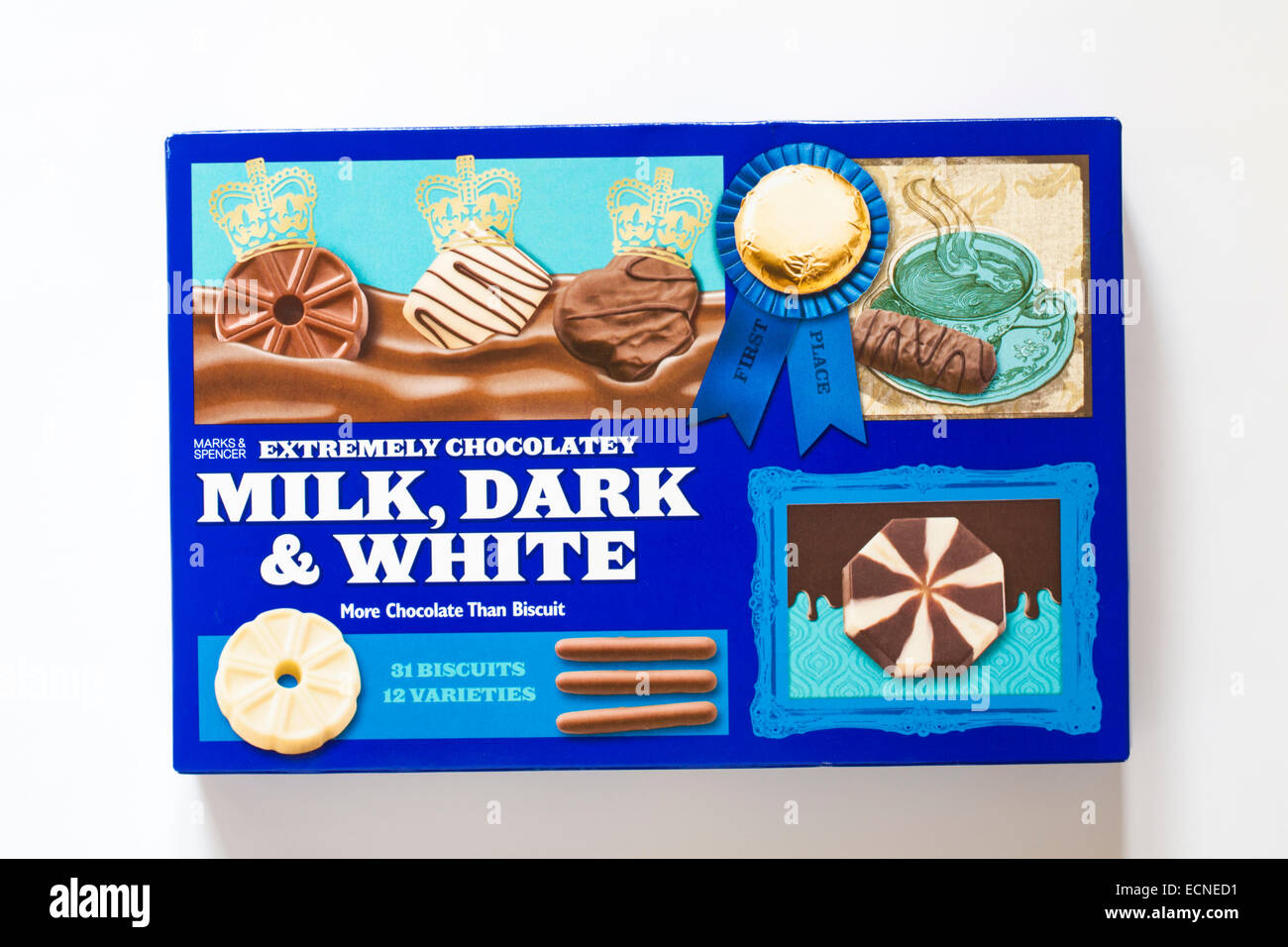 packet of Marks & Spencer Extremely chocolatey milk dark & white biscuits isolated on white background Stock Photo
