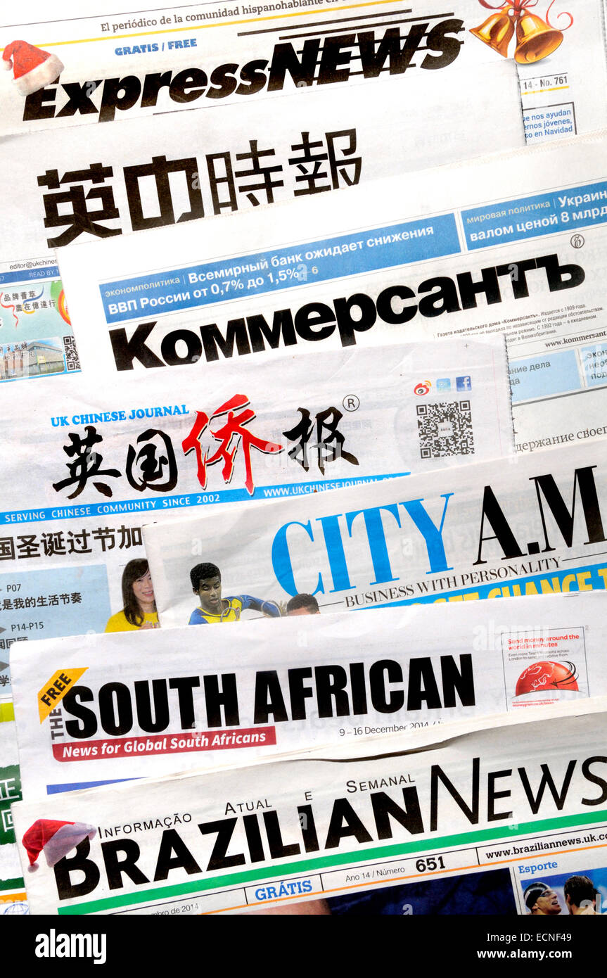 Free foreign newspapers available in London (December 2014 Stock Photo