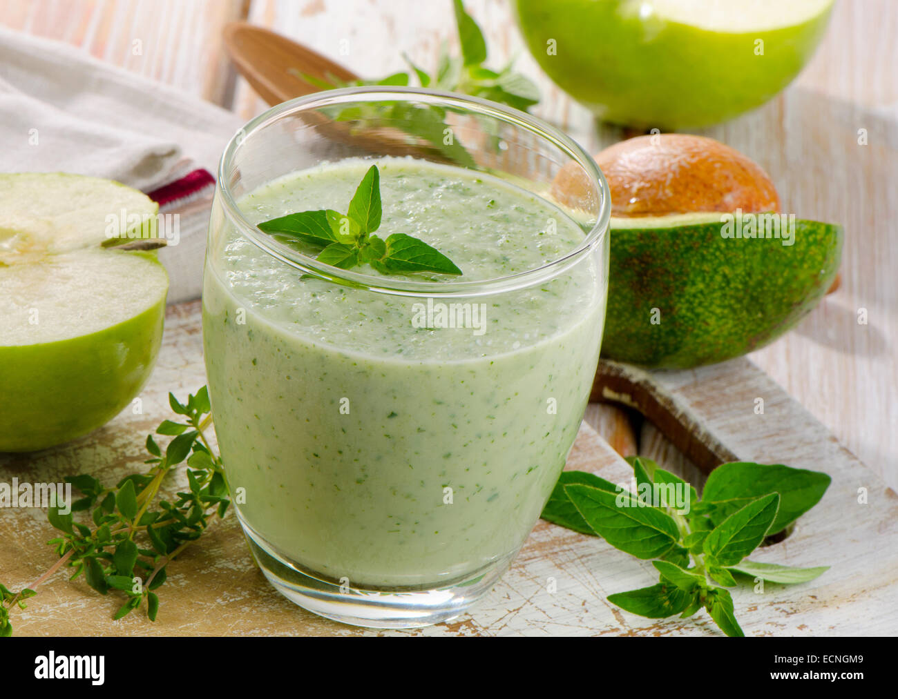 Green  smoothie on a wooden table. Selective focus Stock Photo