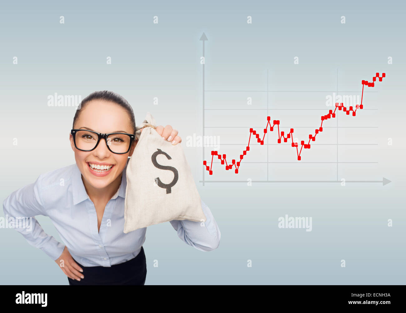 happy businesswoman holding money bag with euro Stock Photo - Alamy