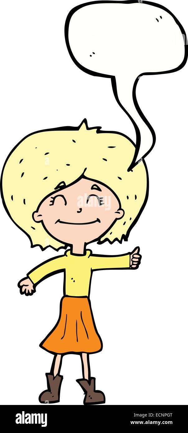 cartoon happy girl giving thumbs up symbol with speech bubble Stock ...